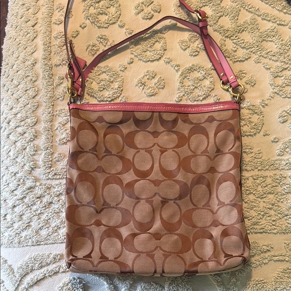 Coach Brown monogram canvas with pink leather accent hobo (RF1) - Picture 1 of 9